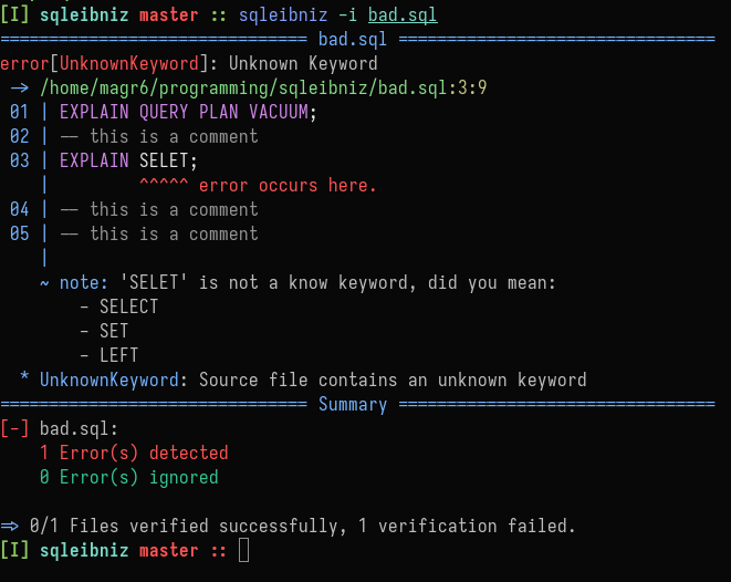 sqleibniz diagnostic with syntax highlight